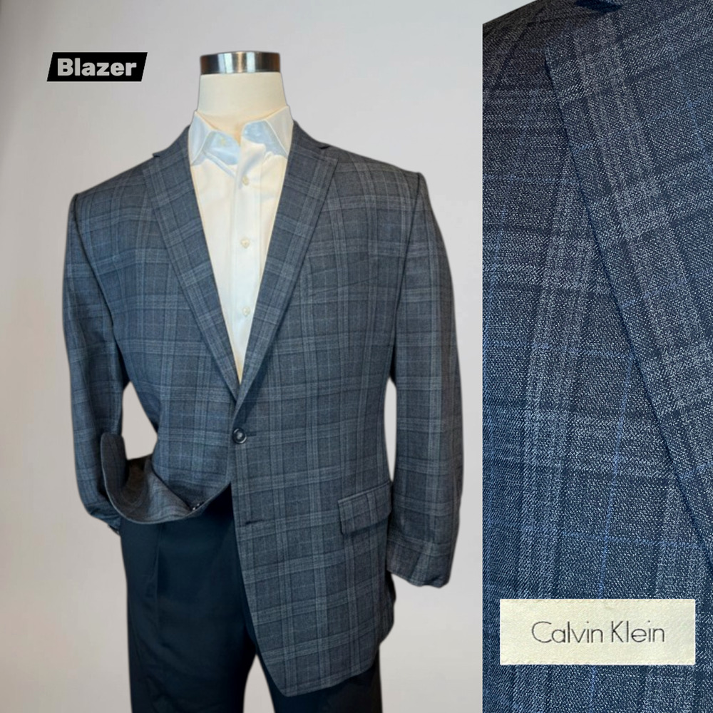 Calvin Klein Mens 46-48R Blue Gray Plaid Casual Blazer Sport Coat Jacket